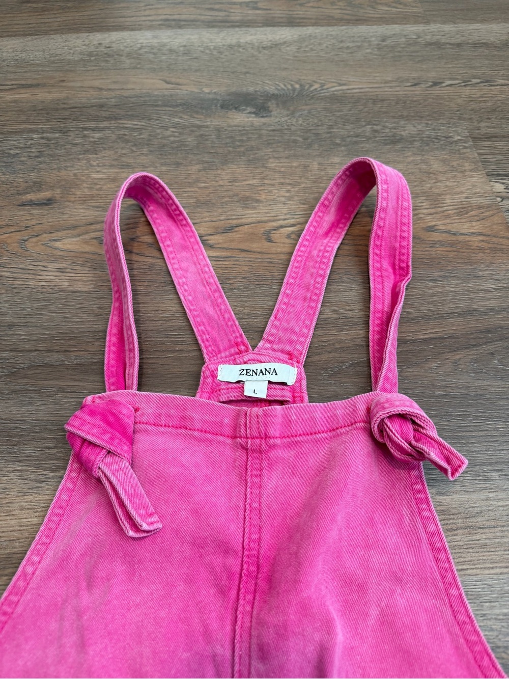 NWT Zenana Hot Pink Denim Overall Shorts Mineral Wash Knotted Straps Size Large - Picture 3 of 10